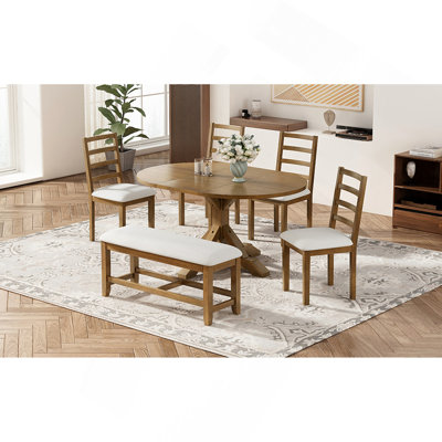 Ensemble de table de salle à manger à rallonge 6 pièces 60 pouces avec rallonge amovible 18 pouces, banc 44 pouces et 4 chaises à dossier échelle Farmhouse