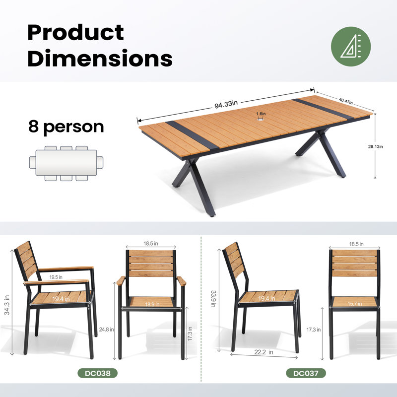 8 - Person Outdoor Patio Dining Set with Aluminum Frame, Umbrella Hole, Stacking Armless and Armed Chairs, Brown/Black