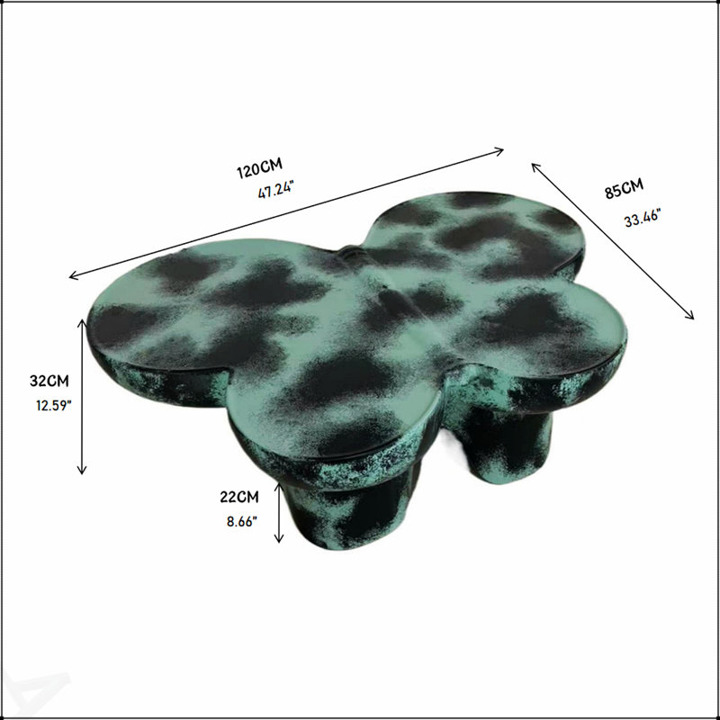 Table basse moderne en faux travertin texturé avec forme de papillon pour le salon et le bureau, Vert / noir