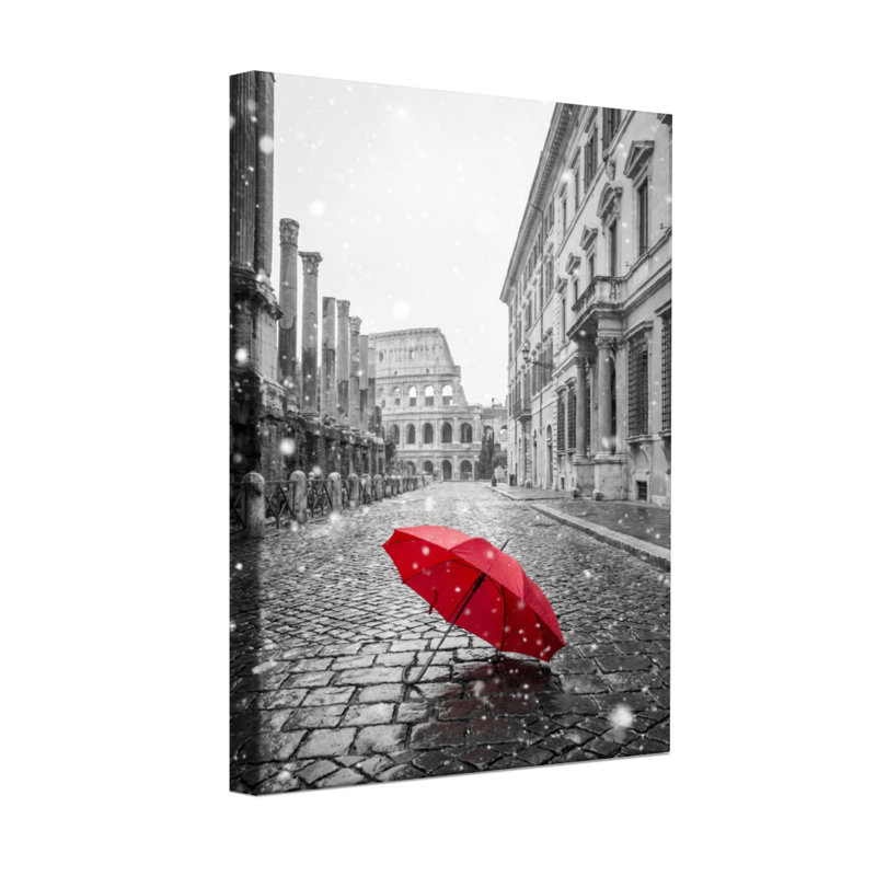 Scénique et paysage urbain parapluie rouge dans la rue romaine enneigée, H 24 po x l 16 po