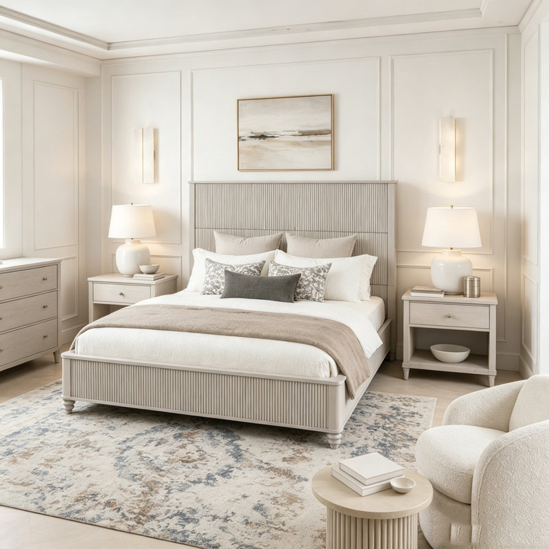 Base de lit en bois massif avec tête de lit haute, Très grand lit, Beige