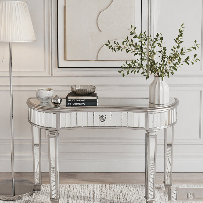Console 47 pouces à miroir en demi-lune avec verre cannelé et poignée en cristal, Grey/Silver