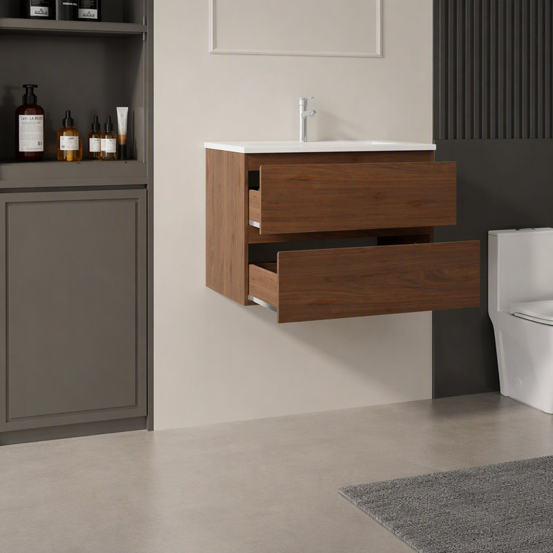 Meuble-lavabo flottant 24 po avec lavabo, tiroir en céramique, contreplaqué, brun, Brown, 24.04"