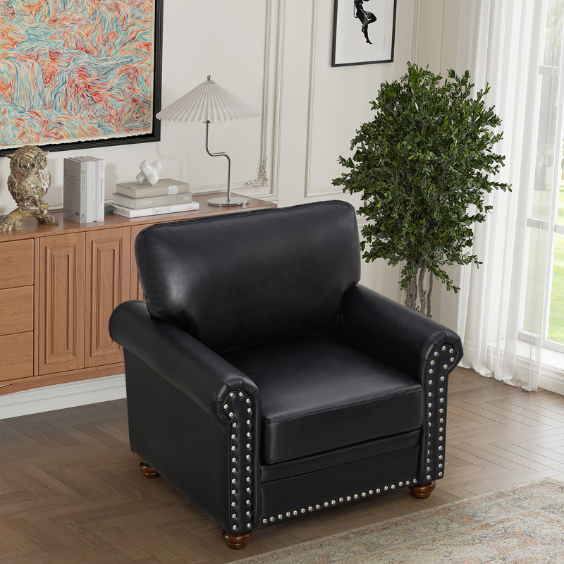 Siège de salon confortable, cuir de polyuréthane noir, pieds en bois massif, fauteuil en similicuir à pieds coulissants, structure avec métal et revêtement, revêtement