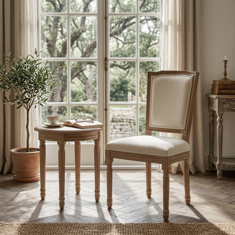 Ensemble de 2 chaises de salle à manger de style campagnard en bois massif, assise rembourrée en lin, dossier haut et large, structure en bois d'hévéa pour la cuisine, la salle à manger et le salon.
