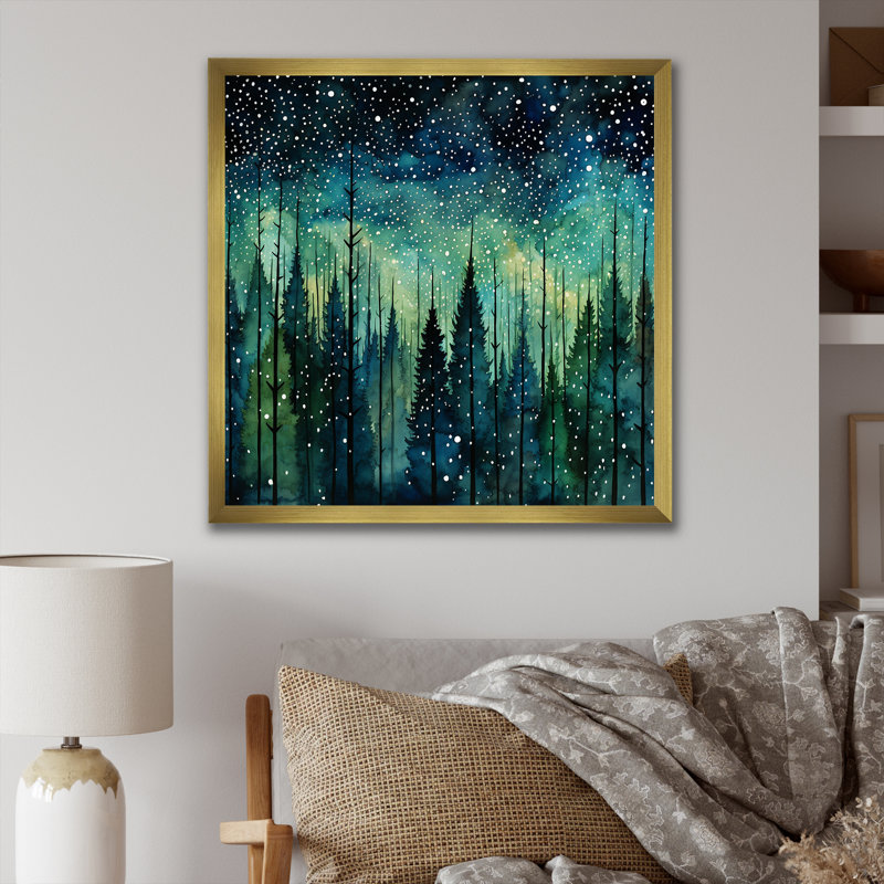 «Green Winter Forest Wonderland - Fruits», art mural, Cadre doré simple, H 16 po x l 16 po x P 1 po