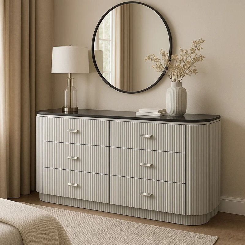 Commode large 6 tiroirs Alda, bois massif gris clair avec plateau en pierre de culture