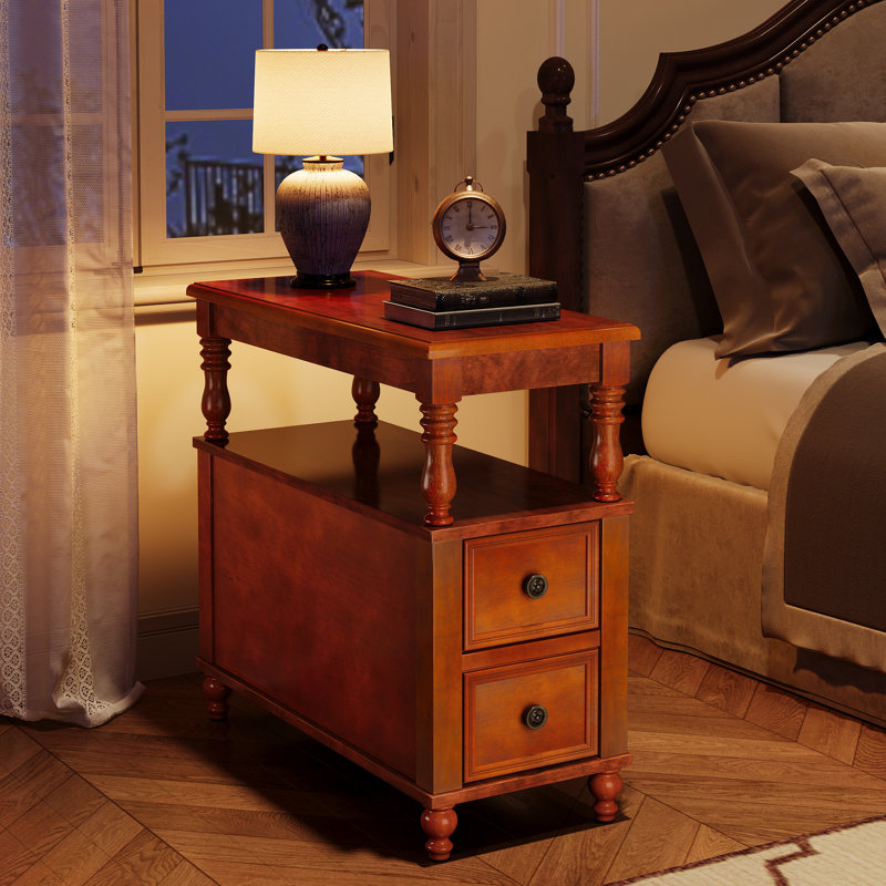 Table de chevet 2 tiroirs en bois massif pour chambre, Brun, Ensemble de 2