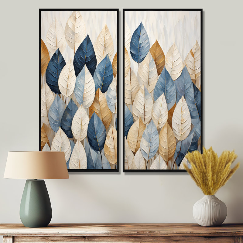 Décoration murale beige et bleu minimalisme feuilles I - grandes feuilles, H 32 po x l 32 po, Noir