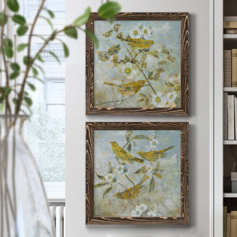 Aviaire jardin I - ensemble de 2 peintures sur toile encadrées, Encadré de bois de noyer, H 20 po x l 40 po x P 1,5 po