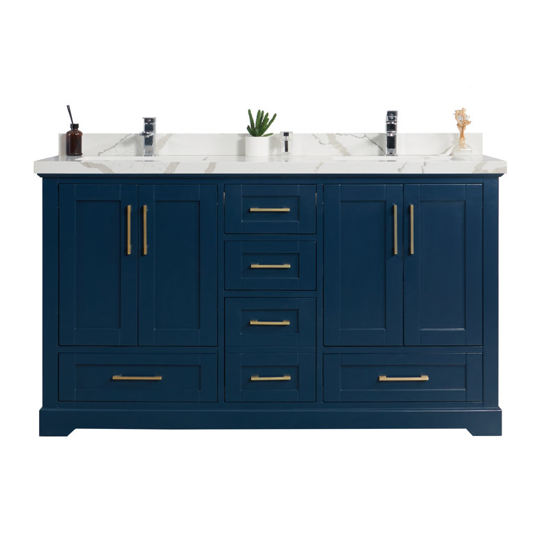 Ensemble de meuble-lavabo double l 60 po x P 22 po x H 36 po Eser, Calacatta, bordure droite, Bleu marine