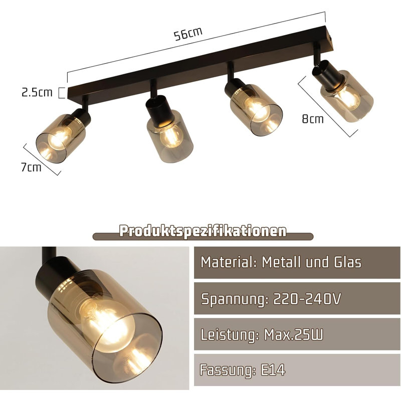 Light vintage: E14 ceiling light black spots ceiling lamp living room industrial kitchen lamp ceiling spots made of glass and metal 350° swiveling for kitchen - without bulb