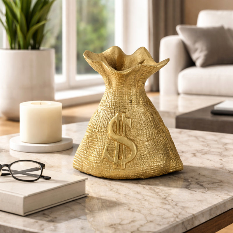 Modern Metal Money Bag Figurine Sculpture for Tabletop Home Decor - Decorative Object Statue Accent for Living Room Decoration - 8", Gold & Metallic