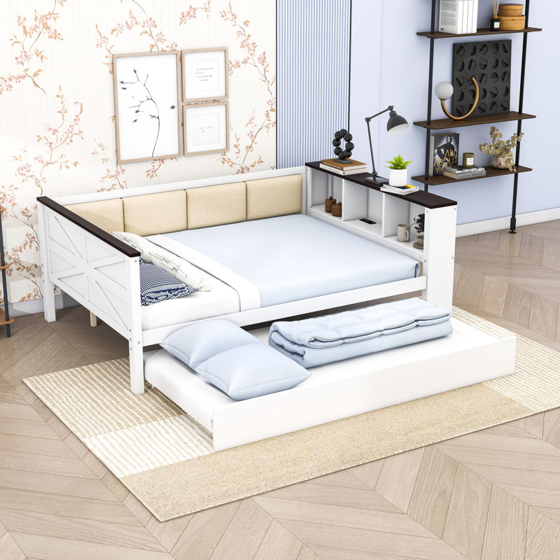 Wood Daybed with Shelves, USB and Trundle, Full/Double
