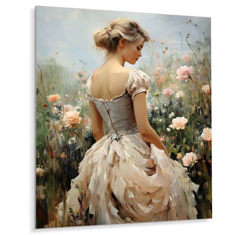 Impressionniste mode femme dans un champ de fleurs III - art mural en métal Dior, H 32 po x l 24 po x P 1 po