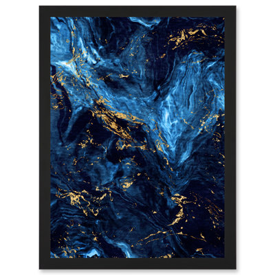 Abstract Dark Blue Gold Swirl Watercolour Modern - Single Picture Frame Print