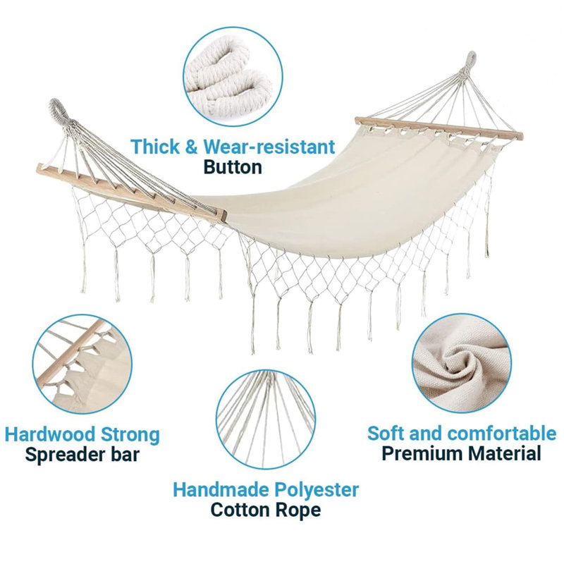 Elegant Cotton Hammock with Spreader Bar & Graceful Fringe