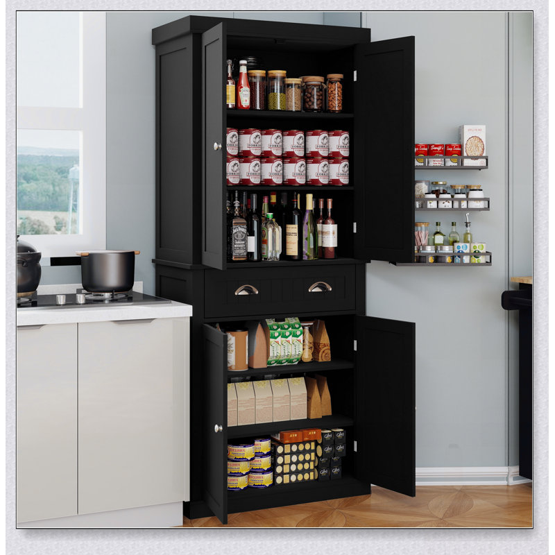 Modern Freestanding Kitchen Pantry Storage Cabinet With 4 Doors, Drawer, And 2 Adjustable Shelves For Versatile Home Use