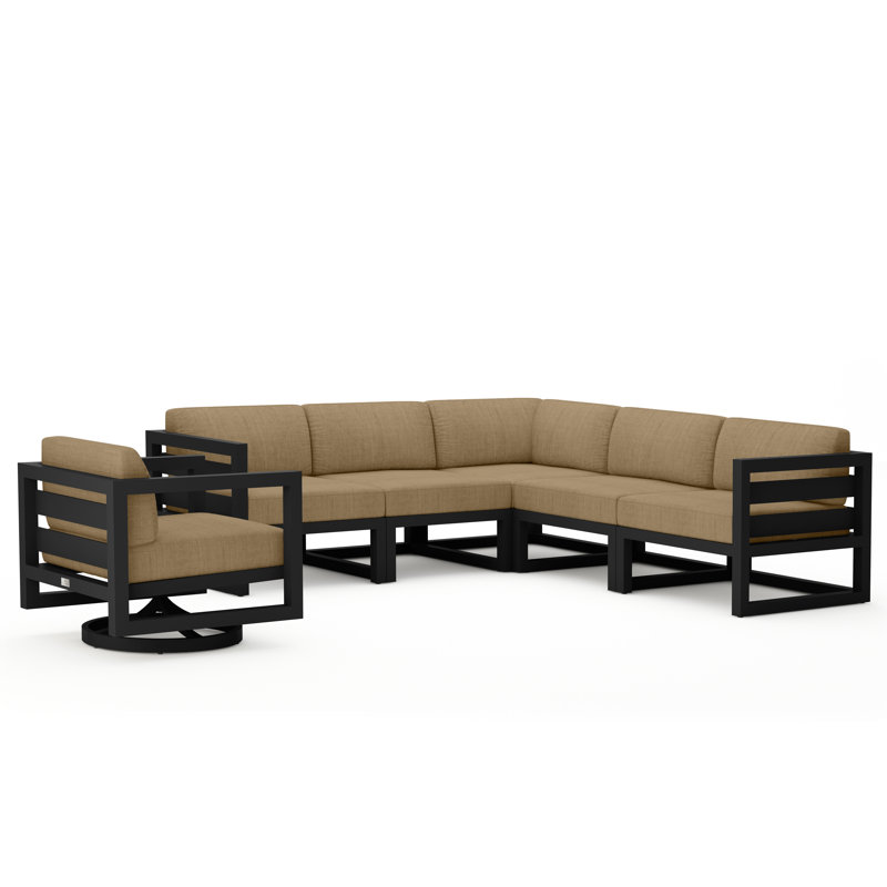 Avion 6 Piece Sectional Set With Swivel, Black, Canvas Heather Beige Sunbrella® Canvas