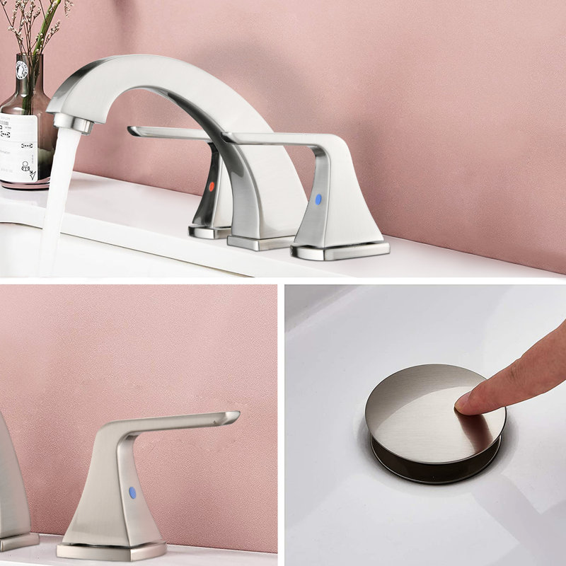 Stainless Steel Bathroom Faucet With Brushed Nickel Finish - 2 Handles, Pop Up Drain Included 2 Sink In Finish, Graceful Arc Spout