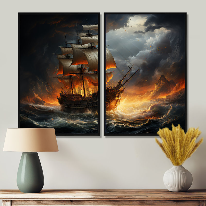 Bateau pirate Stormy Seas - décoration murale orange, Impression encadrée flottante sans passe-partout, Noir