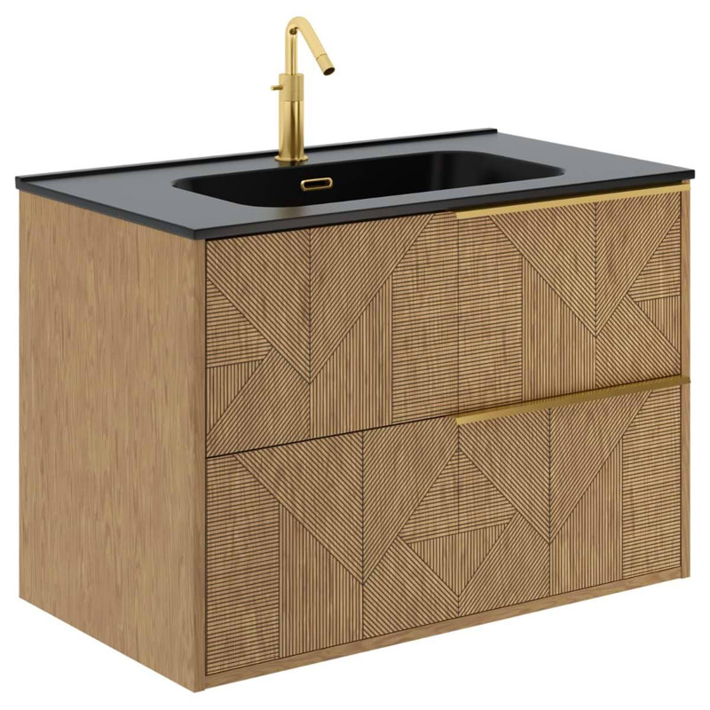 Kora Geo 24" Fluted Wall-Mounted Single Bathroom Vanity with Integrated Ceramic Top & Handles, Gold, 32"