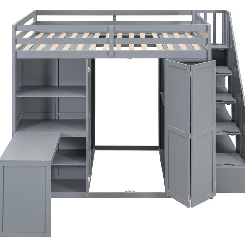 Lit mezzanine pleine grandeur avec garde-robe et bureau en gris, trois tablettes pliables pour un rangement soigné dans la chambre à coucher, créant une étagère grise élégante, bureau intégré, complémentaire aux chambres modernes