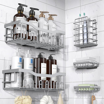 5-Pack Stainless Steel Shower Caddy Set – No Drill Adhesive Bathroom Organizer With Large Capacity, Rustproof Shower Shelves For Bathroom, Kitchen & Home Storage