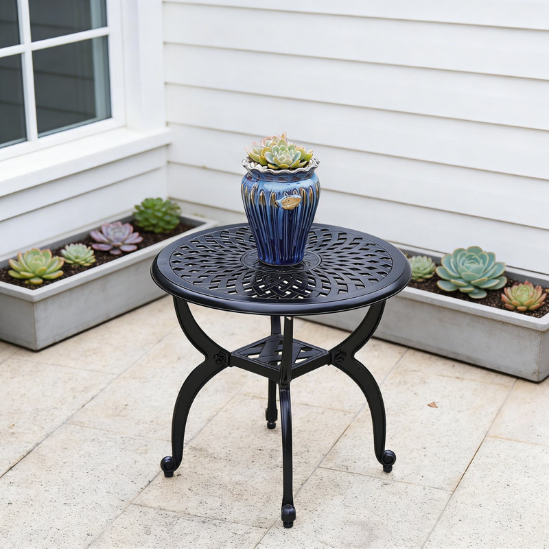Round Black Cast Aluminum Outdoor Side Table, 20.8" X 18.5", Rust-Resistant, Black