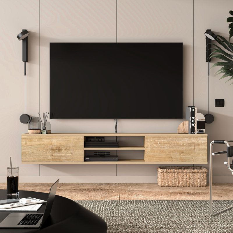Bella Floating TV Stand Up to 80" TV's Modern Media, Oak