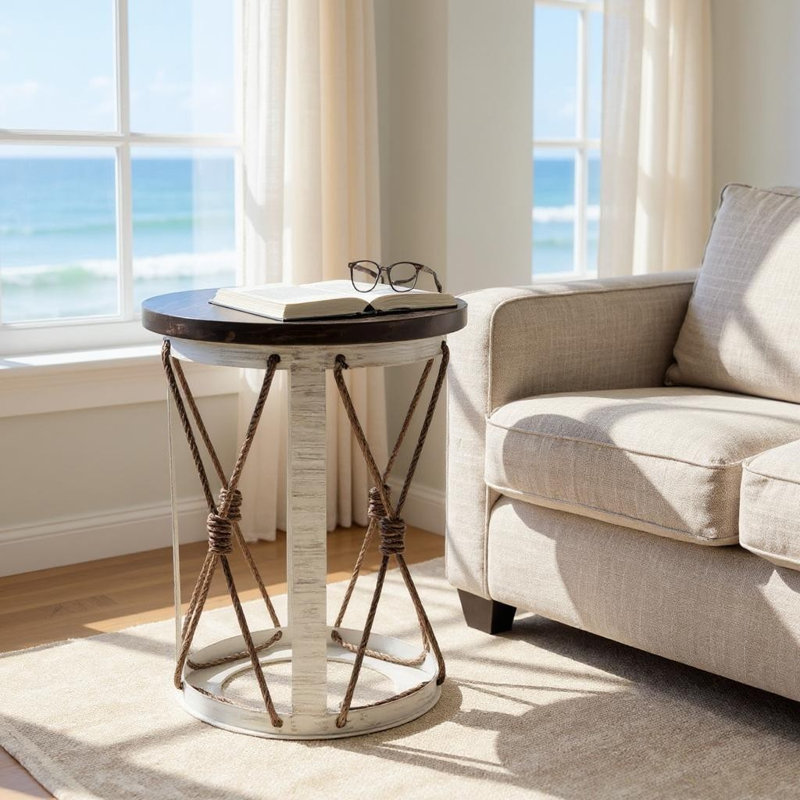 Table de bout cylindrique Cottage avec corde nouée, Brun, H 25 po x l 17 po x P 17 po