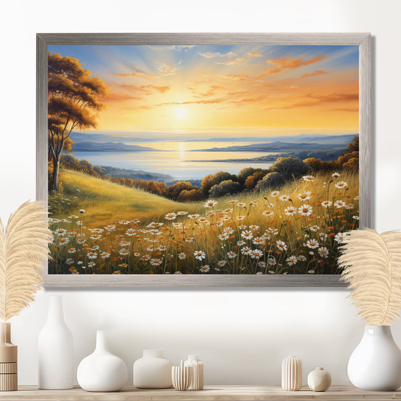 Fleurs blanches et vertes, horizon doré, art mural grand fleurs sauvages, Cadre argenté, H 30 po x l 40 po x P 1,5 po