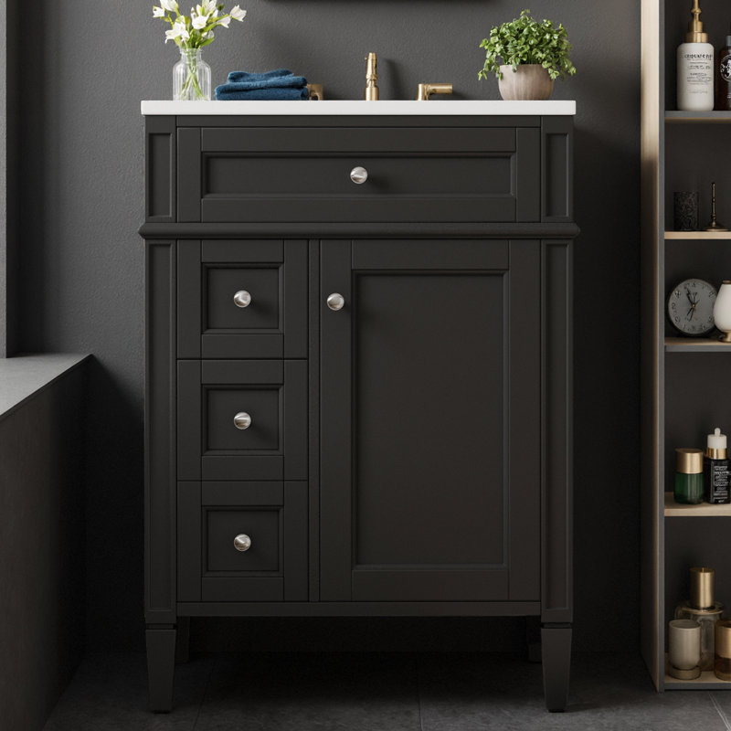 Meuble-lavabo 24 po avec lavabo en céramique | Conception d'inspiration parisienne avec pieds romains sculptés, rangement à 3 tiroirs (basculant + 2 tiroirs) et armoire avec tablette réglable