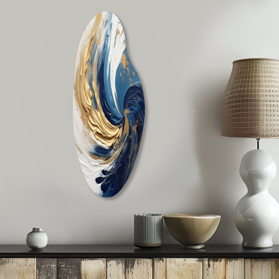 Dark Blue and Gold Spiral IV - Abstract Spirals Curved Metal Wall Art for Living Room, Blue Asymmetrical Metal Art Print