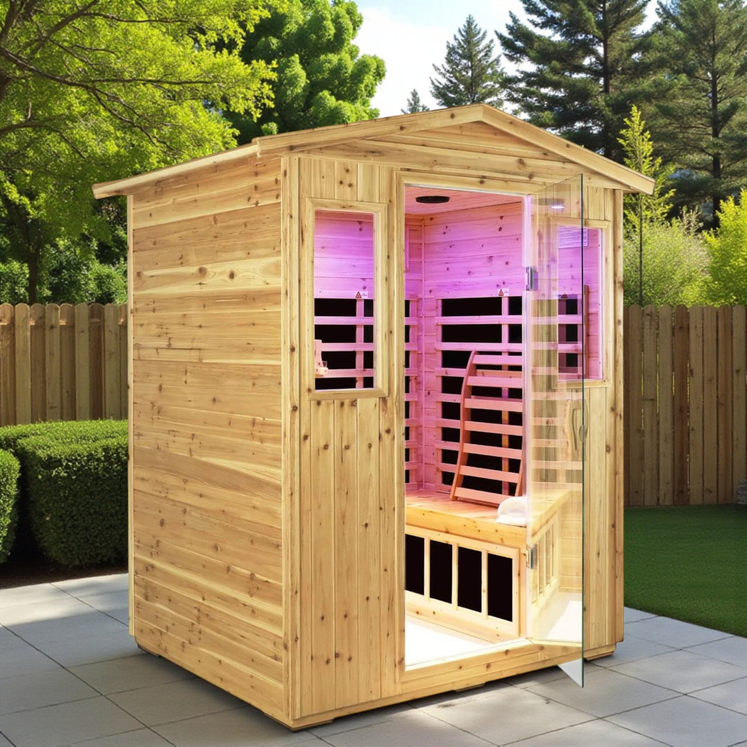 KISRAIS Outdoor Far Infrared Sauna 4 Person | Withstand Temp -5℉-104℉, Outdoor Indoor Wooden Sauna Room for Home-12 Low EMF Boards-Canadian Hemlock-Chromotherapy-Bluetooth Speaker KISRAIS