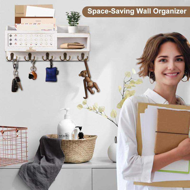 Porte-clés et support mural - Organisateur de courrier mural avec crochets et boîte de rangement, Blanc