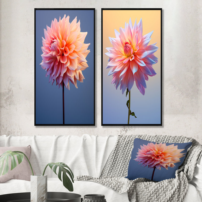 Coral et bleu Dahlia Dance - ensemble de 2 impressions sur toile Dahlia, Cadre noir, H 28 po x l 25 po