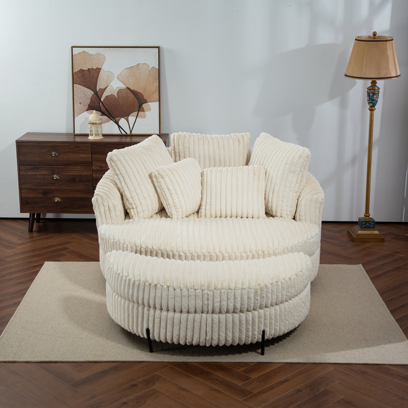 Fauteuil demi-tonneau avec repose-pieds, Fausse fourrure beige