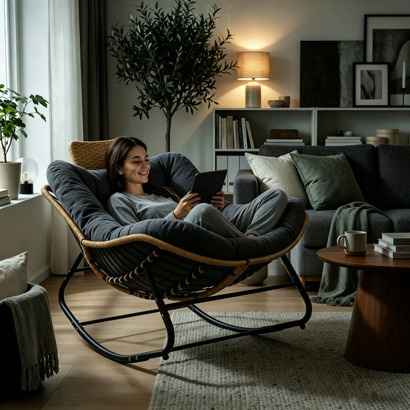 Fauteuil à bascule Papasan surdimensionné de 100 cm (39,37 pouces) avec coussin épais et rotin tressé à la main, idéal pour se détendre à l'intérieur comme à l'extérieur.