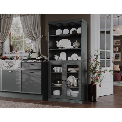 Kaniesha 100% Solid Wood 32" Pantry Cabinet with Clear Glass Doors and Adjustable Shelves