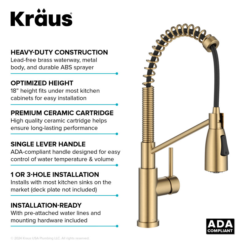 KRAUS Coda Commercial Style 2-Function Single Handle Pull Down Kitchen Faucet, Brushed Brass