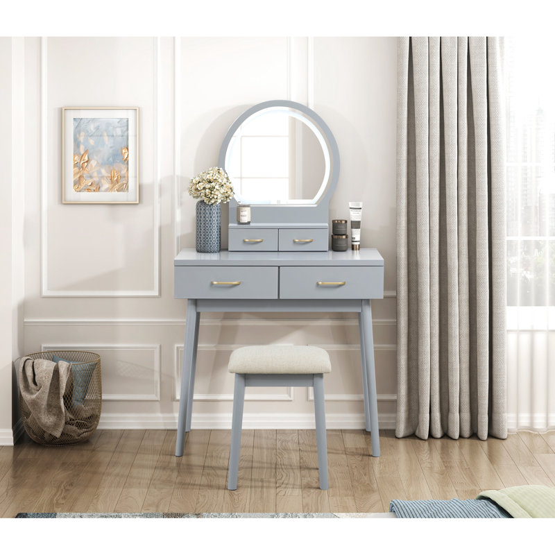 Luxury Vanity With Gray Finish, Led Lighted Mirror Smart Touch Sensor, 4 Drawers Storage And Padded Stool For Bedroom Finish Mirror, Decorative Upgrade