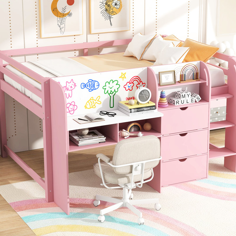 Lit mezzanine double pleine grandeur rose, avec bureau intégré, bibliothèque, rangement, tableau blanc, marqueur et coffre-fort pour chambre à coucher rose Trois compartiments de rangement, tablettes ouvertes, espace de rangement