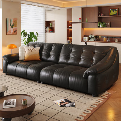 Black Genuine Leather Modular Sofa cushion Fourseat