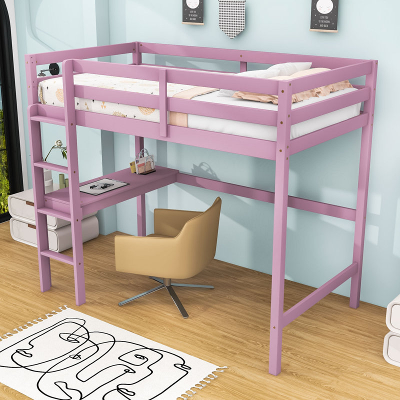 Twin Wooden Loft Bed With Built-In Desk And Safety Guardrail, Pink