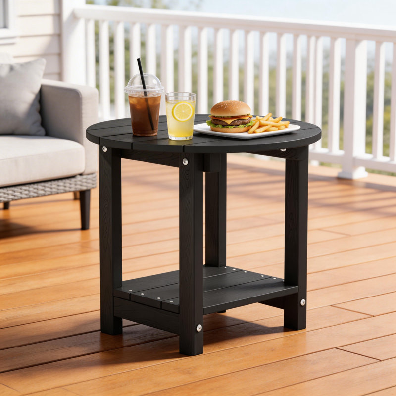 Table d'appoint ronde pour l'extérieur H 18 po x P 18 po pour chaises Adirondack, table de bout à 2 niveaux avec rangement facile à entretenir et résistant aux intempéries avec support de charge de 330 lb pour la cour, la piscine, le patio, le porche, le jardin, la pelouse, le compagnon de détente, Noir