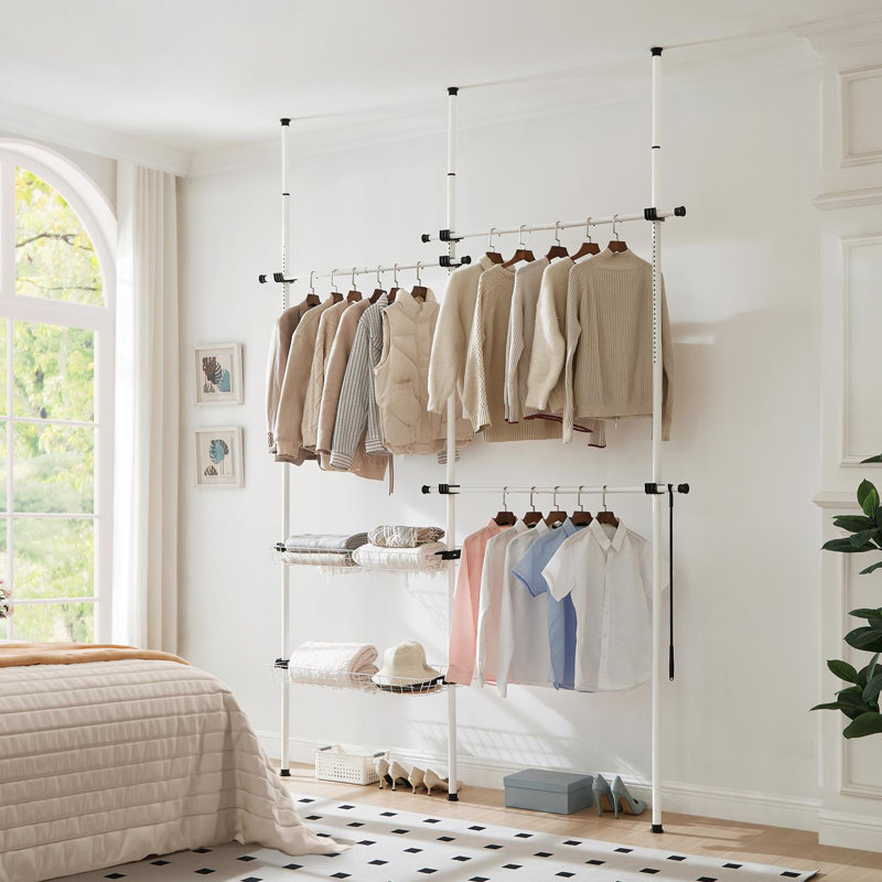 Glain Adjustable Double Black With Baskets Telescopic Wardrobe Organiser Clothes Rail, White