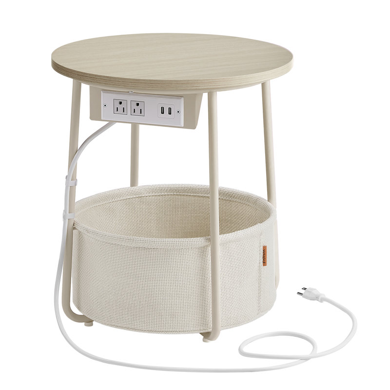 Side Table With Charging Station, Cream White
