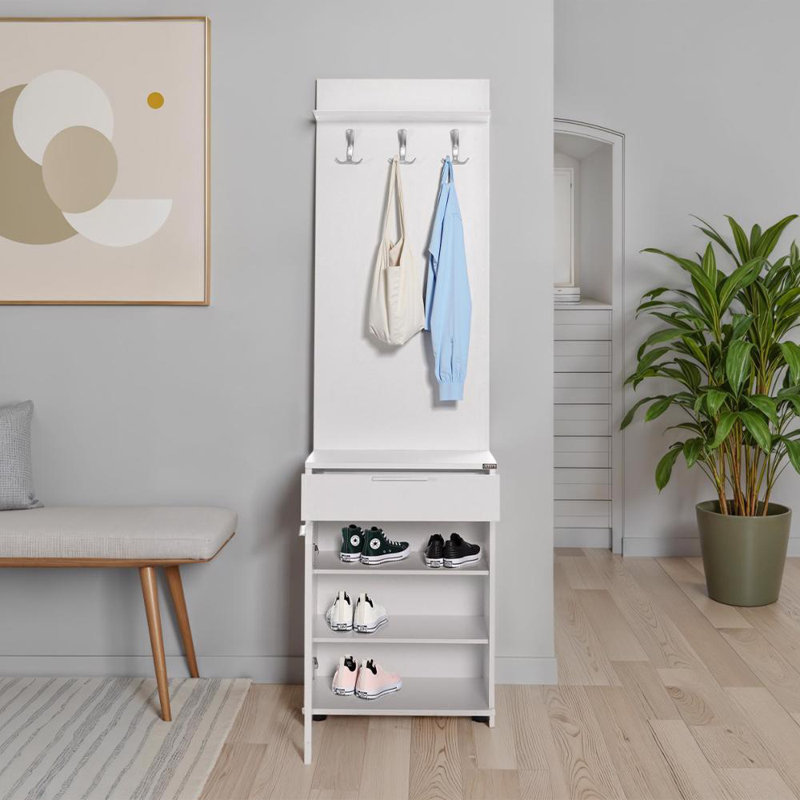 White Hall Stand with Drawer, Hooks & Shoe Cupboard - Entryway Organiser