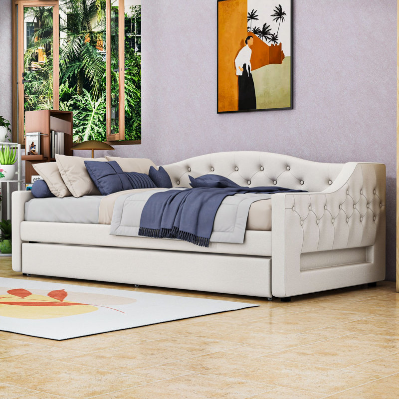 Lit de jour simple rembourré TG avec gigogne gigogne simple et éclairage à DEL intégré, Beige